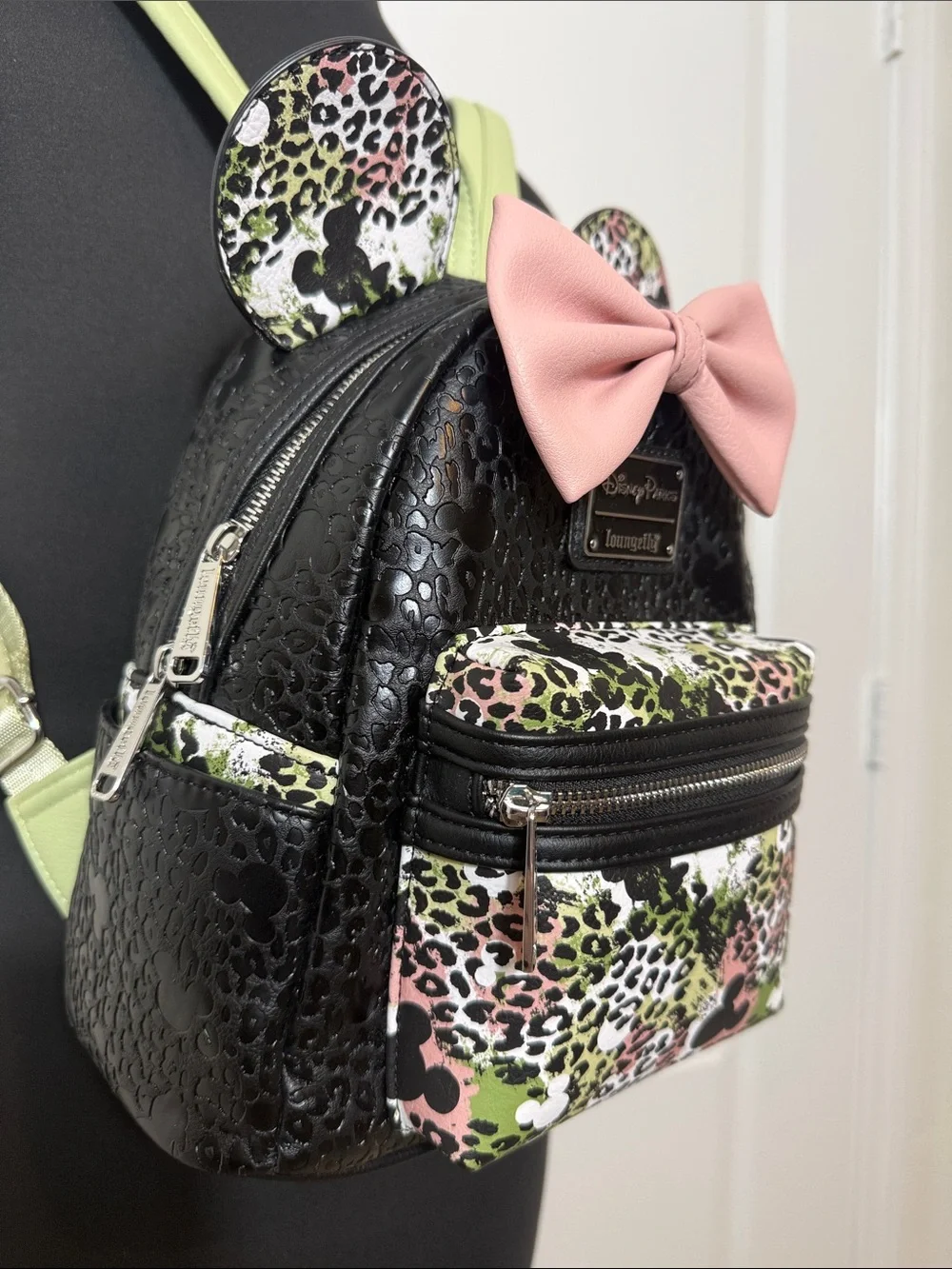Loungefly Black Leopard Minnie Ear Mini Backpack with Pink Bow and Lime Straps